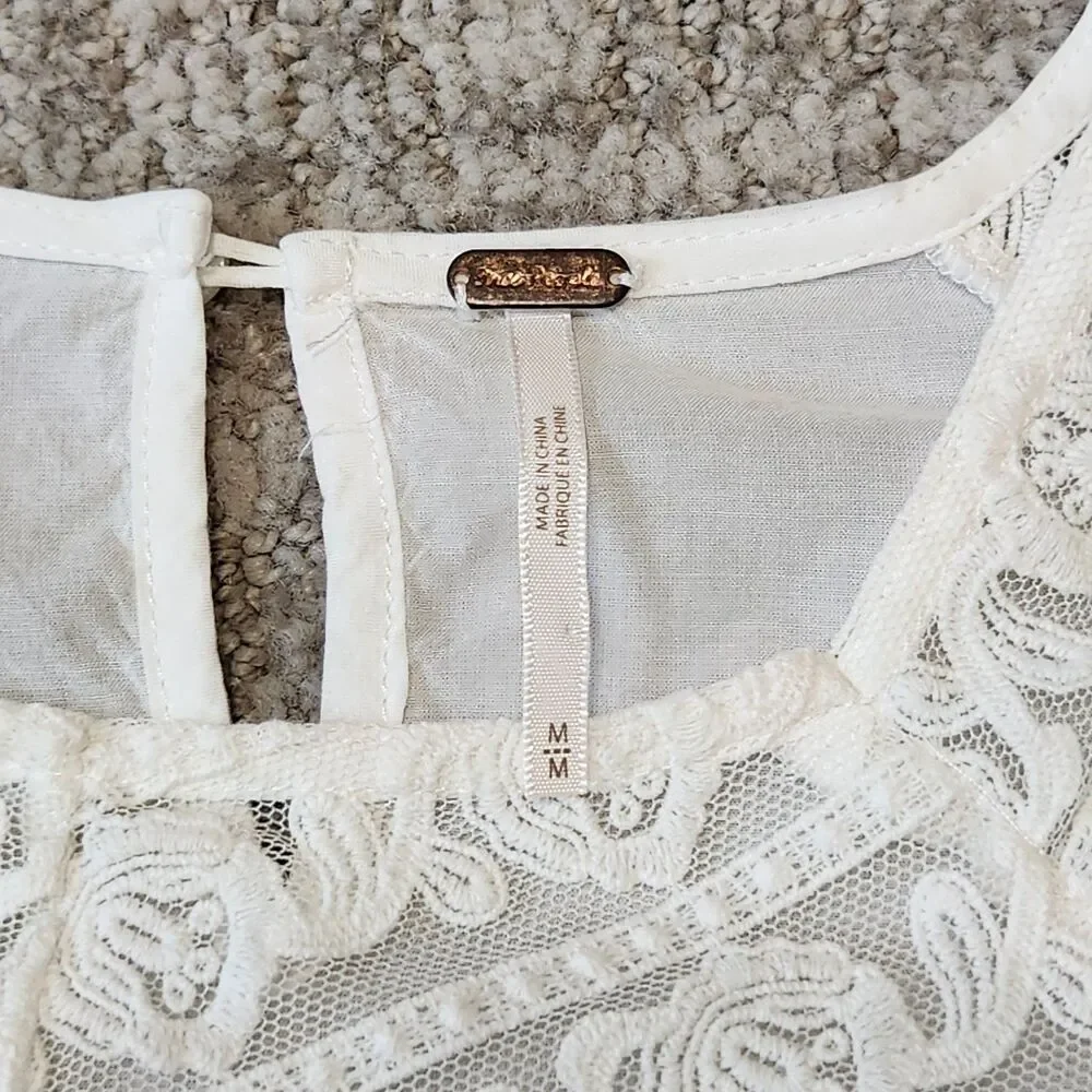 Free People women Sweet Mornings bohemian style 3/4 sleeve lace white top size M